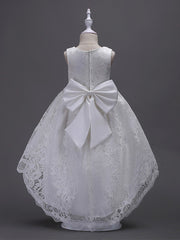 Asymmetrical Lace Dresses with V Wire and Bow Embroidery for Flower Girls