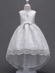 Asymmetrical Lace Dresses with V Wire and Bow Embroidery for Flower Girls