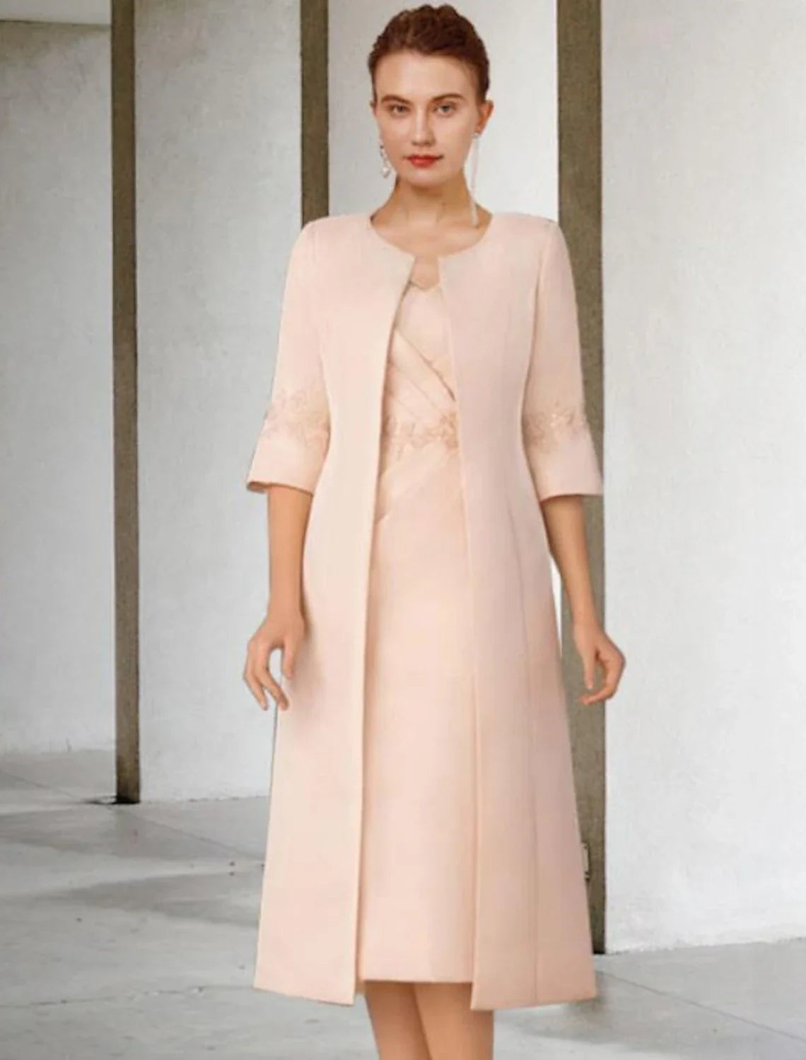 Aimishang Two Piece Sheath / Column Mother of the Bride Dress Church Elegant Winter With Jacket Short Sleeve V Neck Knee Length Lace Stretch Chiffon Appliques Side-Draped