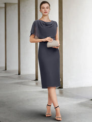 Sheath / Column Mother of the Bride Dress Wedding Guest Vintage Elegant Jewel Neck Tea Length Chiffon Short Sleeve with Pearls Ruching
