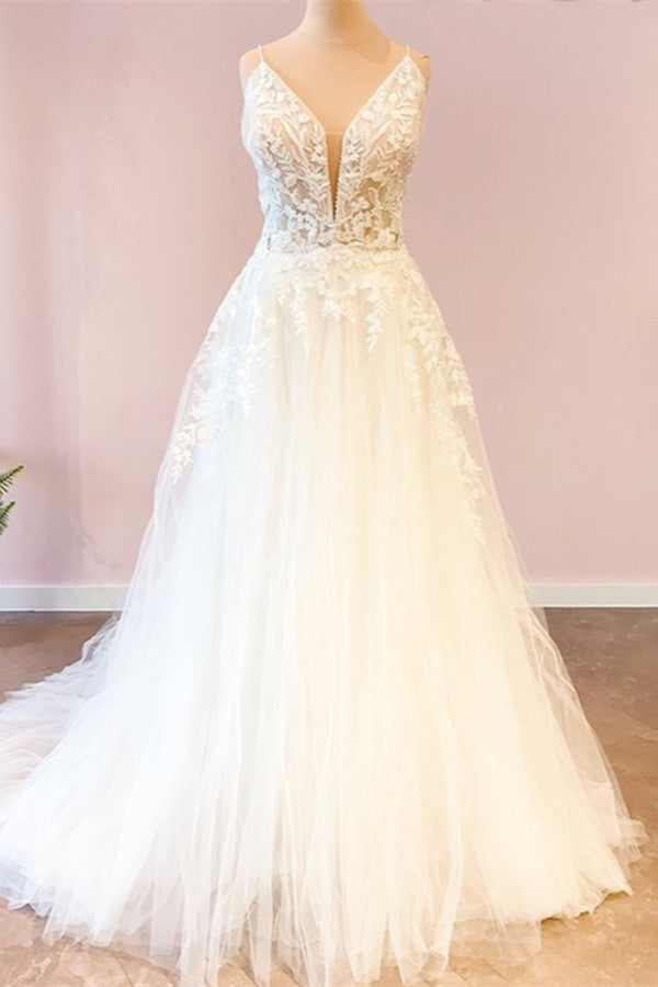 Attractive Sweetheart A-Line Tulle Wedding Dress with Spaghetti Straps