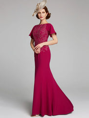 Aimishang Mermaid / Trumpet Mother of the Bride Dress Bateau Neck Floor Length Chiffon Lace Short Sleeve with Lace Split Front
