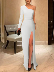Sheath / Column Evening Gown Elegant Black Dress Plus Size Prom Floor Length Long Sleeve One Shoulder Fall Wedding Guest  Fabric with Sleek Slit Pure Color 2025