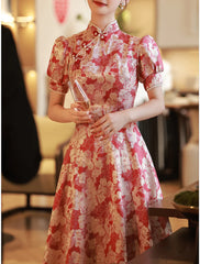 A-Line Evening Gown Chinese Style Dress Engagement Floor Length Half Sleeve Stand Collar Satin with Pearls Strappy