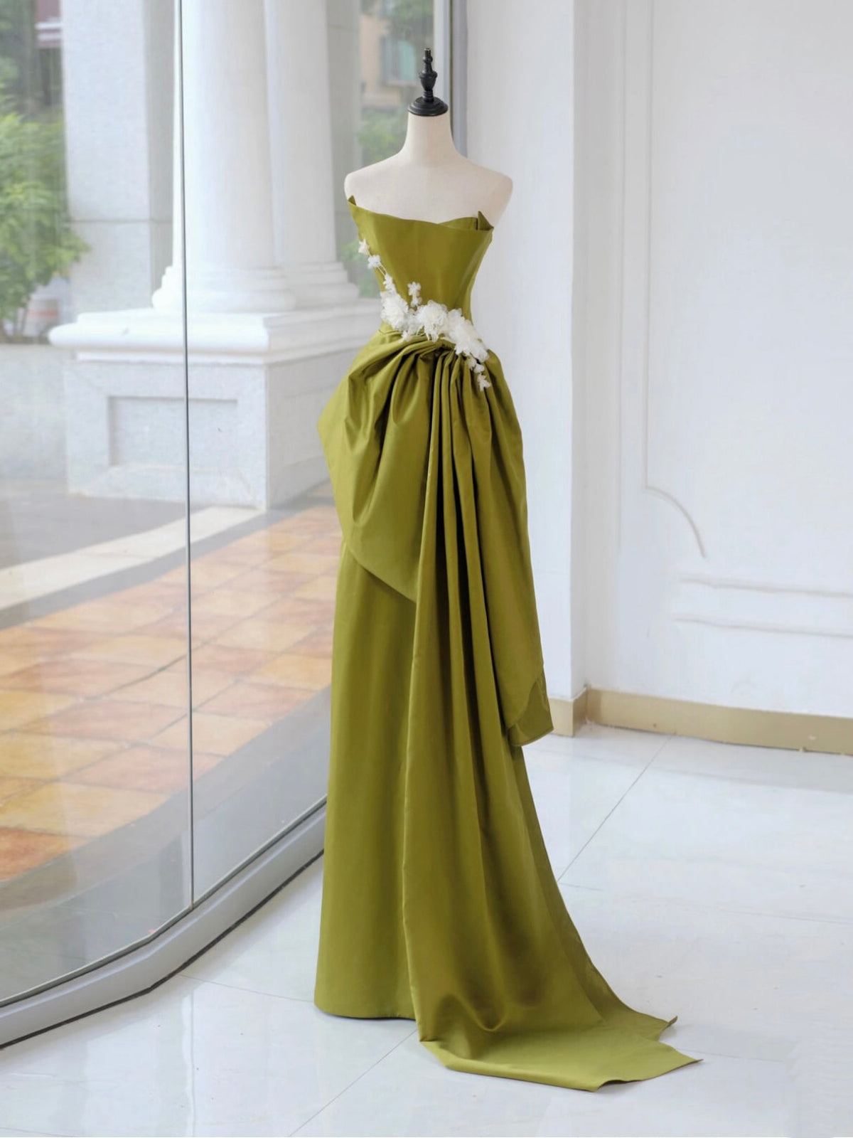 Unique Satin Flower Green Long prom Dress, Green Long Formal Dress