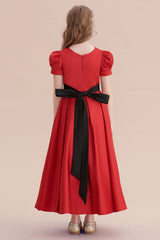 Awesome Short Sleeve A-line Satin Flower Girl Dress with Ribbons