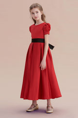 Awesome Short Sleeve A-line Satin Flower Girl Dress with Ribbons