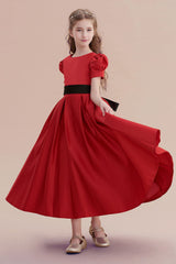 Awesome Short Sleeve A-line Satin Flower Girl Dress with Ribbons