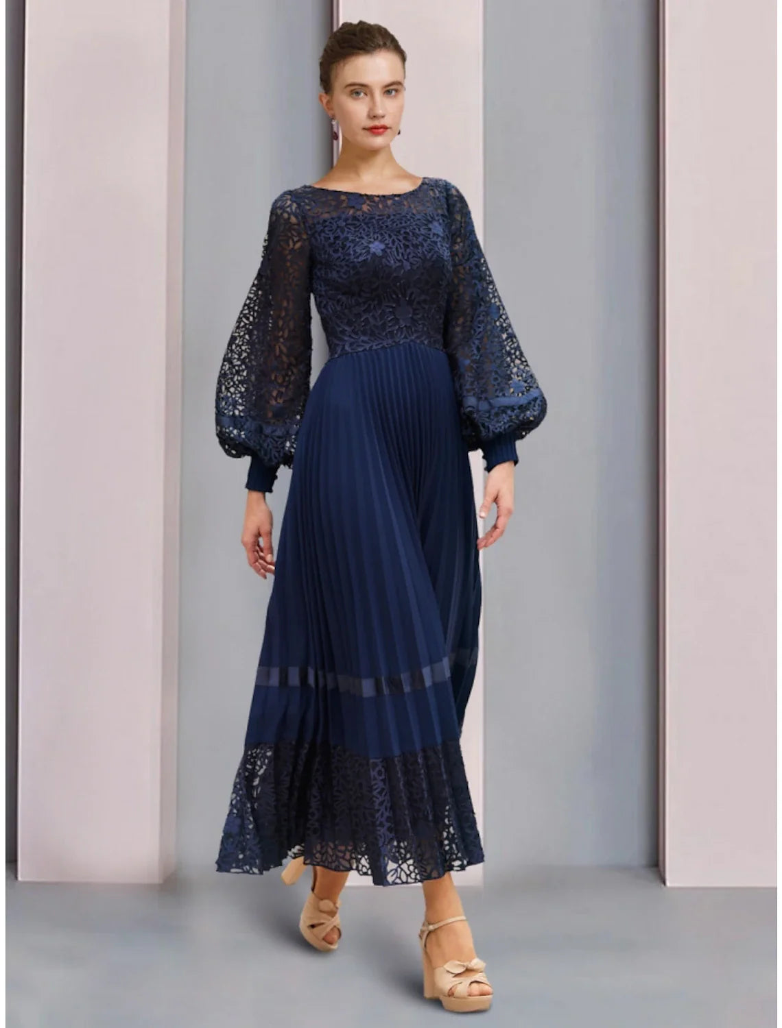 Aimishang  A-Line Mother of the Bride Dress Wedding Guest Elegant Scoop Neck Ankle Length Chiffon Lace Long Sleeve with Ruching Solid Colo