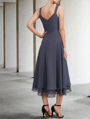 Aimishang  A-Line Mother of the Bride Dress Elegant V Neck Tea Length Chiffon Lace Sleeveless Jacket Dresses with Tier Solid Color