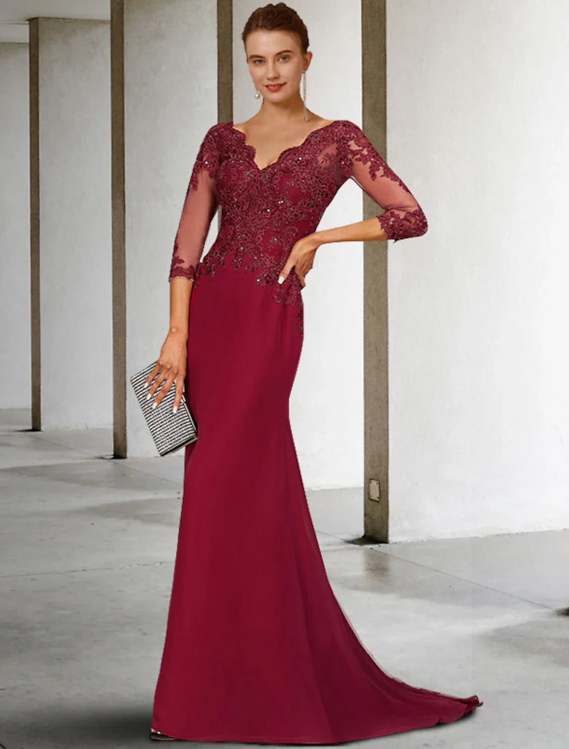 Aimishang  Mermaid / Trumpet Mother of the Bride Dress Luxurious Elegant V Neck Court Train Lace Stretch Chiffon 3/4 Length Sleeve with Sequin Appliques