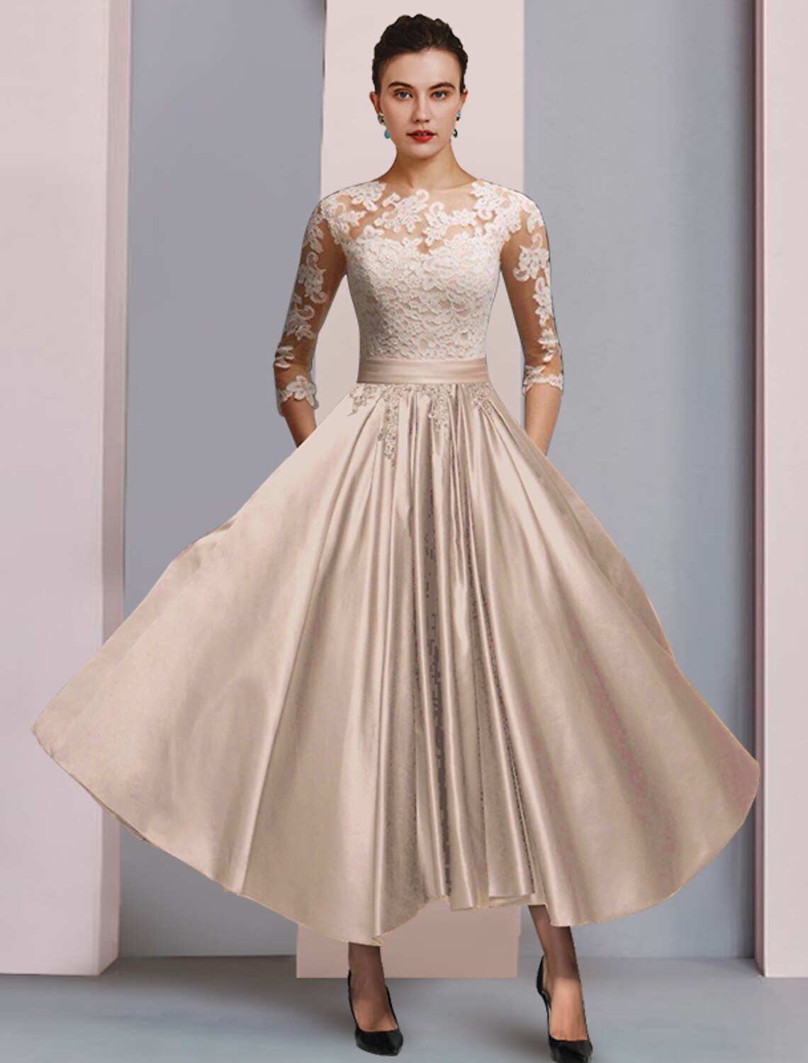 Aimishang  A-Line Mother of the Bride Dress Formal Wedding Guest Party Elegant Scoop Neck Ankle Length Satin Lace 3/4 Length Sleeve with Pleats Appliques
