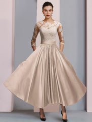 Aimishang  A-Line Mother of the Bride Dress Formal Wedding Guest Party Elegant Scoop Neck Ankle Length Satin Lace 3/4 Length Sleeve with Pleats Appliques