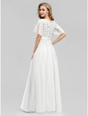 A-Line Prom Dresses Dress Wedding Guest Floor Length Short Sleeve Tulle with Sequin Appliques