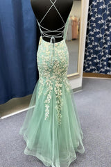 Mermaid V Neck Sage Green Tulle Lace Prom Dresses