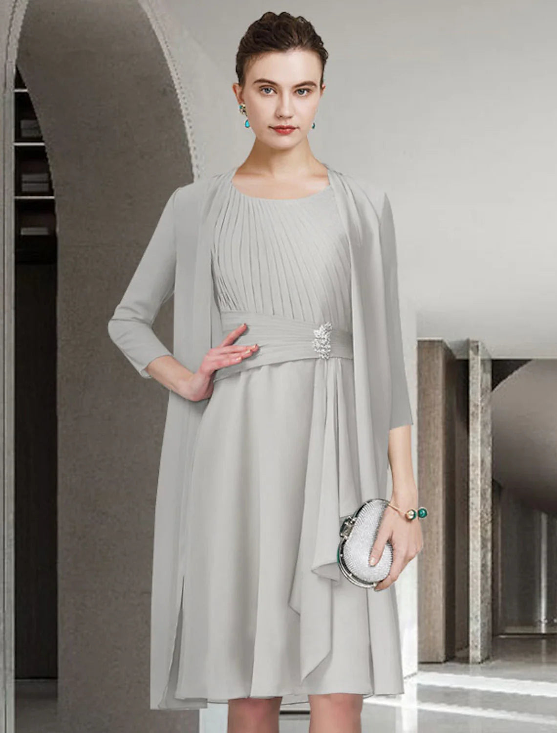 Aimishang  Two Piece A-Line Mother of the Bride Dress Church Elegant Jewel Neck Knee Length Chiffon Sleeveless with Pleats Ruched