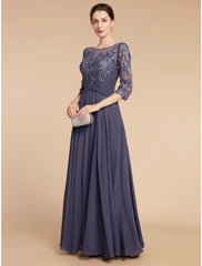 Aimishang A-Line Mother of the Bride Dress Wedding Guest Elegant Scoop Neck Floor Length Chiffon Lace 3/4 Length Sleeve with Ruching Solid Color
