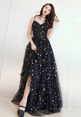 Black Tulle Long A-Line Prom Dresses, Black Star Evening Dresses