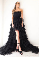 Black A-Line Tulle High Low Prom Dresses, Black Strapless Evening Dress