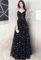 Black Tulle Long A-Line Prom Dresses, Black Star Evening Dresses