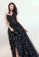 Black Tulle Long A-Line Prom Dresses, Black Star Evening Dresses