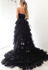 Black A-Line Tulle High Low Prom Dresses, Black Strapless Evening Dress
