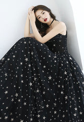 Black Tulle Long A-Line Prom Dresses, Black Star Evening Dresses