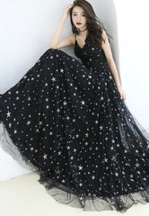 Black Tulle Long A-Line Prom Dresses, Black Star Evening Dresses