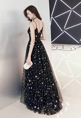 Black Tulle Long A-Line Prom Dresses, Black Star Evening Dresses