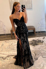 Mermaid Strapless Lace Prom Dress with Slit Black Sexy