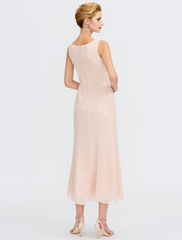 Two Piece Mother of the Bride Dress Plus Size Elegant   Chiffon Sleeveless Wrap Included with Sash Ribbon Pleats Beading