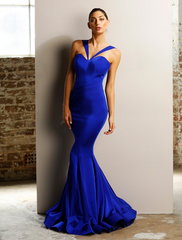 Minimalist Elegant Engagement Formal Evening Birthday Dress Halter Neck Sleeveless Floor Length Stretch Satin with Ruched