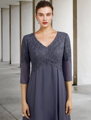 A-Line Mother of the Bride Dress Plus Size Elegant V Neck  Chiffon Lace Sleeve with Ruffles Appliques