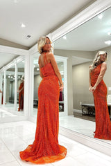 Mermaid One Shoulder Orange Sequins Long Prom Dresses
