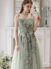 A-Line Tulle Lace Green Long Prom Dress, Green Long Formal Dress