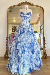 A Line Sweetheart Blue Floral Chiffon Prom Dresses