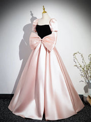 A-Line Puff Sleeves Pink Long Prom Dress, Pink Long Evening Dress