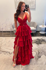 Charming A Line V Neck Red Satin Slit Tiered Prom Dresses