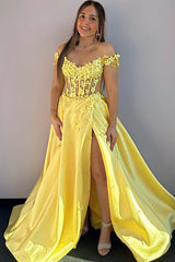 A-Line Off the Shoulder Yellow Satin Long Prom Dresses