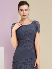 Two Piece Mother of the Bride Dress Formal Wedding Guest Vintage Elegant Scoop Neck Knee Length Chiffon Lace Short Sleeve Jacket Dresses with Tier Appliques