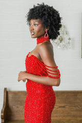 Mermaid Off the Shoulder Red Sequins Long Prom Dresses