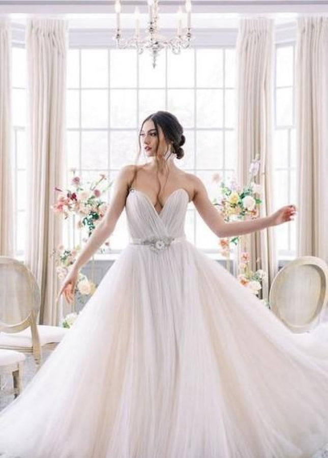 Sweetheart Backless Tulle Wedding Dress with Flower Beaded Belt
