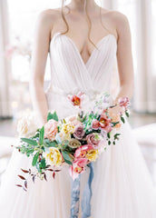 Sweetheart Backless Tulle Wedding Dress with Flower Beaded Belt