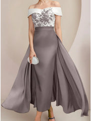 Aimishang A-Line Mother of the Bride Dress Wedding Guest Elegant Off Shoulder Ankle Length Stretch Fabric Short Sleeve with Appliques Ruching