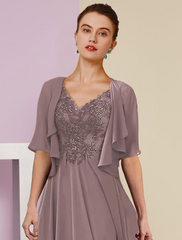 Two Piece A-Line Mother of the Bride Dress Formal Wedding Guest Elegant V Neck Lace Short Sleeve Wrap Included with Pleats Appliques