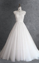 Ball Gown Cap Sleeve Lace Satin Dress With Beading Appliques Illusion