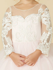 Ball Gown Long Sleeve Illusion Neck Flower Girl Dress with Lace Tulle Bows and Buttons