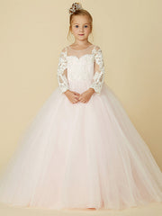 Ball Gown Long Sleeve Illusion Neck Flower Girl Dress with Lace Tulle Bows and Buttons