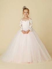 Ball Gown Long Sleeve Illusion Neck Flower Girl Dress with Lace Tulle Bows and Buttons