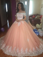 Ball Gown Sleeveless Off-the-Shoulder Court Train Tulle Lace Dresses